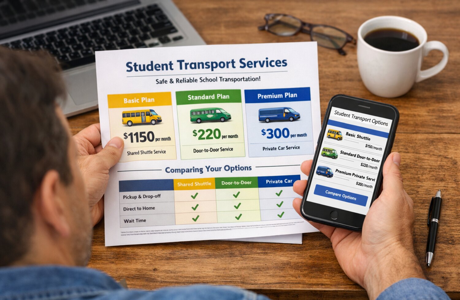 Parent reviewing student pick and drop service pricing options