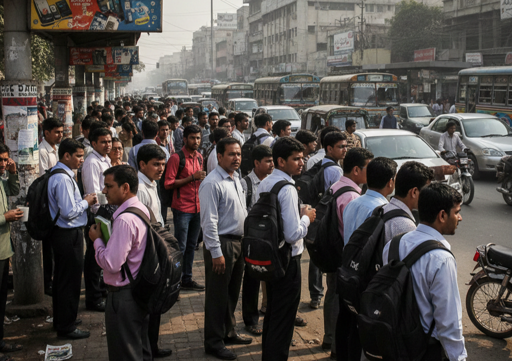 Office workers and students waiting for public transport in Pakistan
