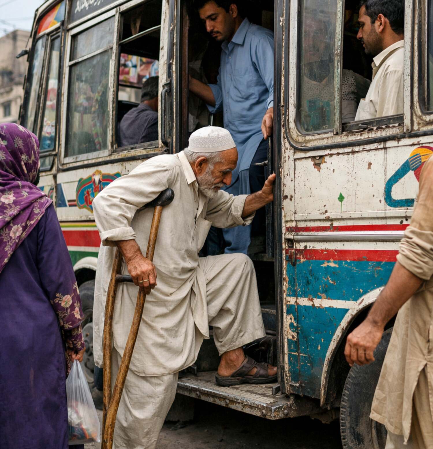 Elderly passenger struggling to board public transport in Pakistan