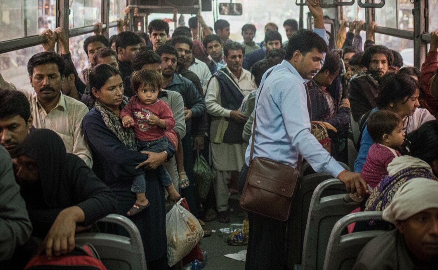 Overcrowded public bus with standing passengers in Pakistan 
