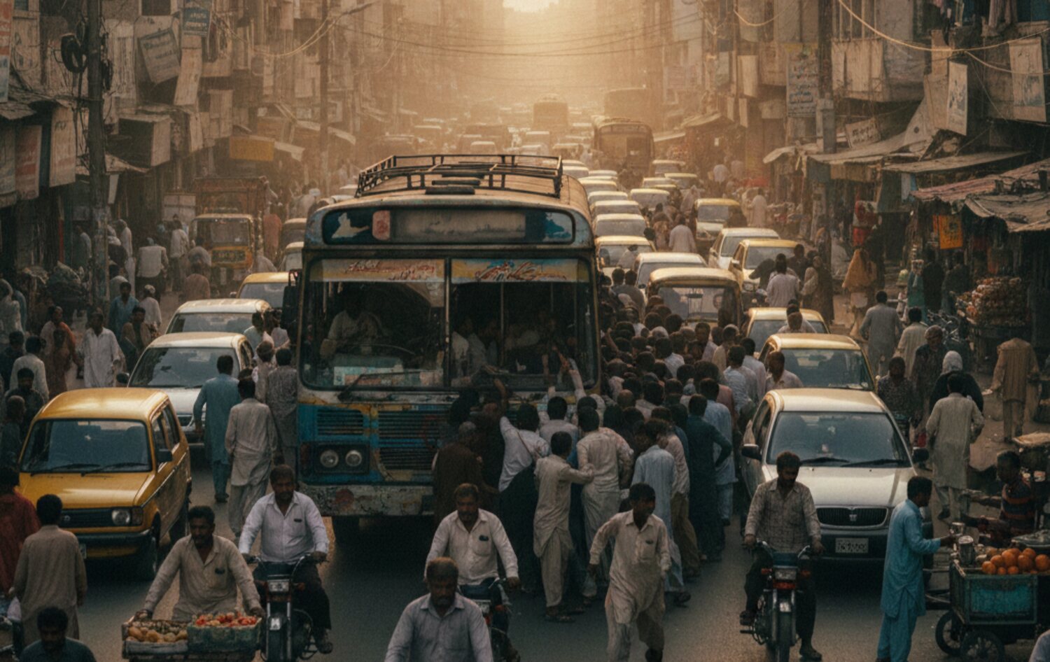 Crowded public transport in a major city of Pakistan during peak hours