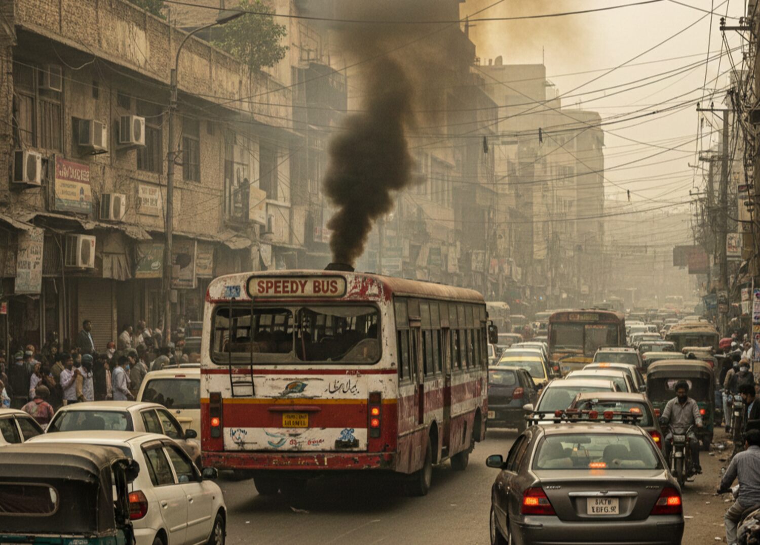 Old public bus emitting smoke on a busy city road in Pakistan