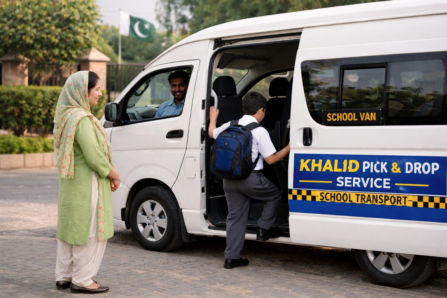 Student boarding a safe pick and drop service vehicle with parent supervision