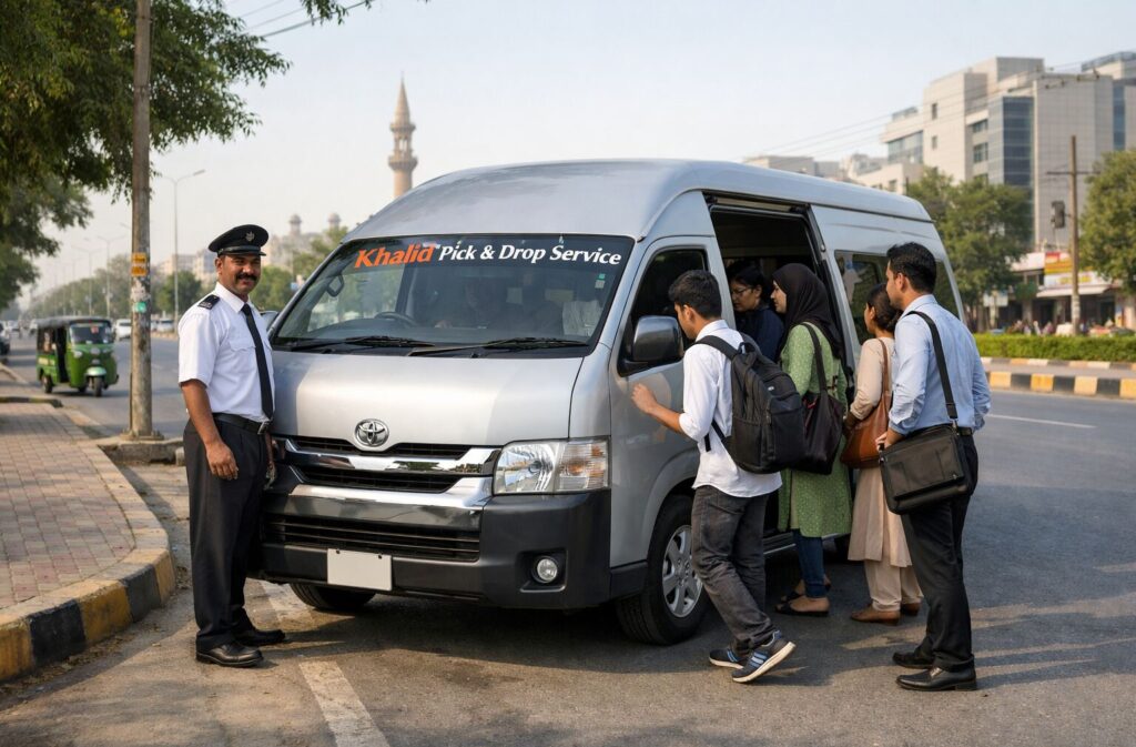 Reliable daily pick and drop service in Pakistan for students and office commuters using a safe Hiace van