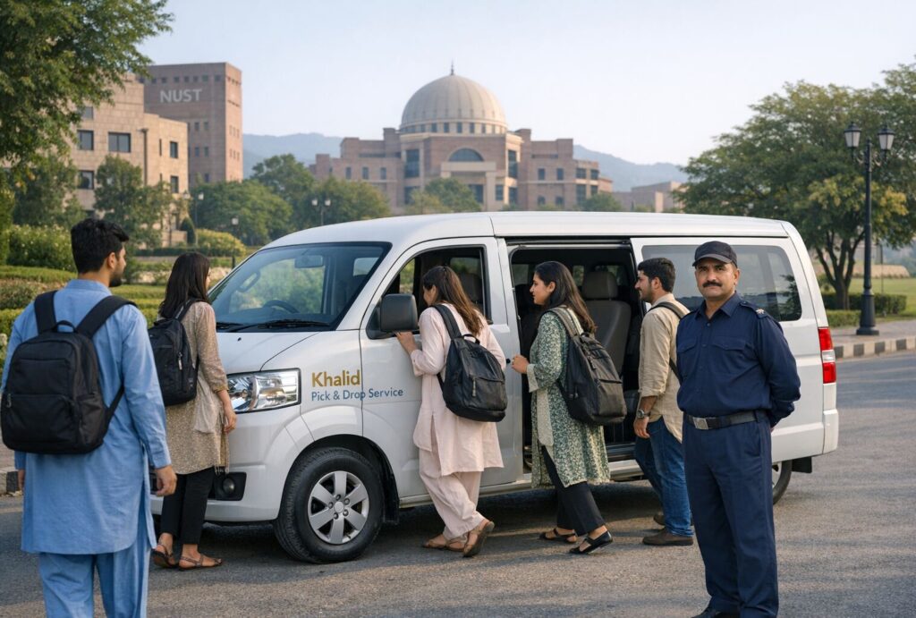 Reliable pick and drop service for NUST students in Islamabad with safe daily transport van and professional driver