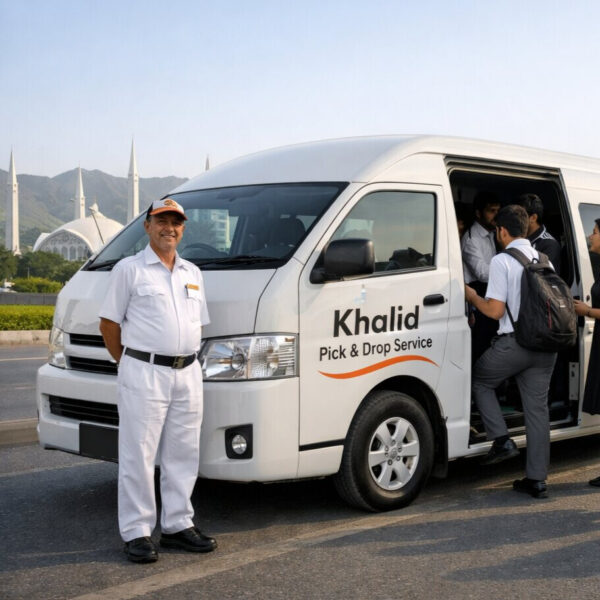 Students and office commuters boarding a clean Hiace van of Khalid Pick & Drop Service in Pakistan, showing safe and reliable daily pick and drop transportation