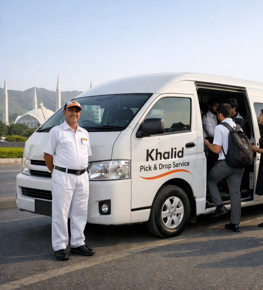 Students and office commuters boarding a clean Hiace van of Khalid Pick & Drop Service in Pakistan, showing safe and reliable daily pick and drop transportation
