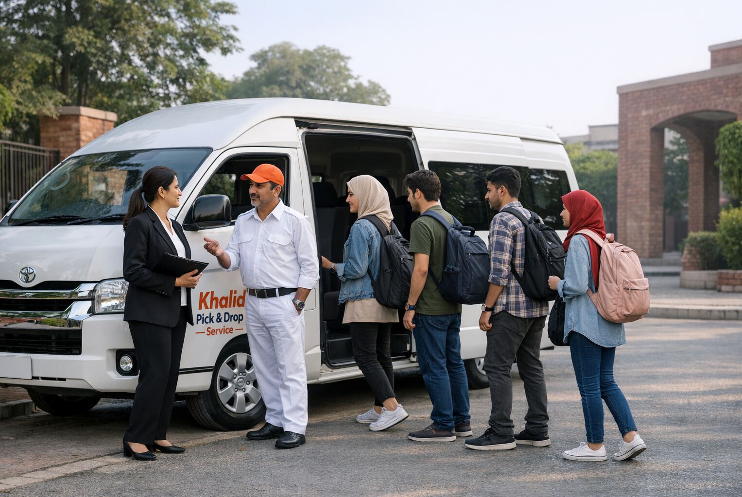 Professional university pick and drop service in Pakistan showing students boarding a Hiace van as a university admin partners with Khalid Pick & Drop Service